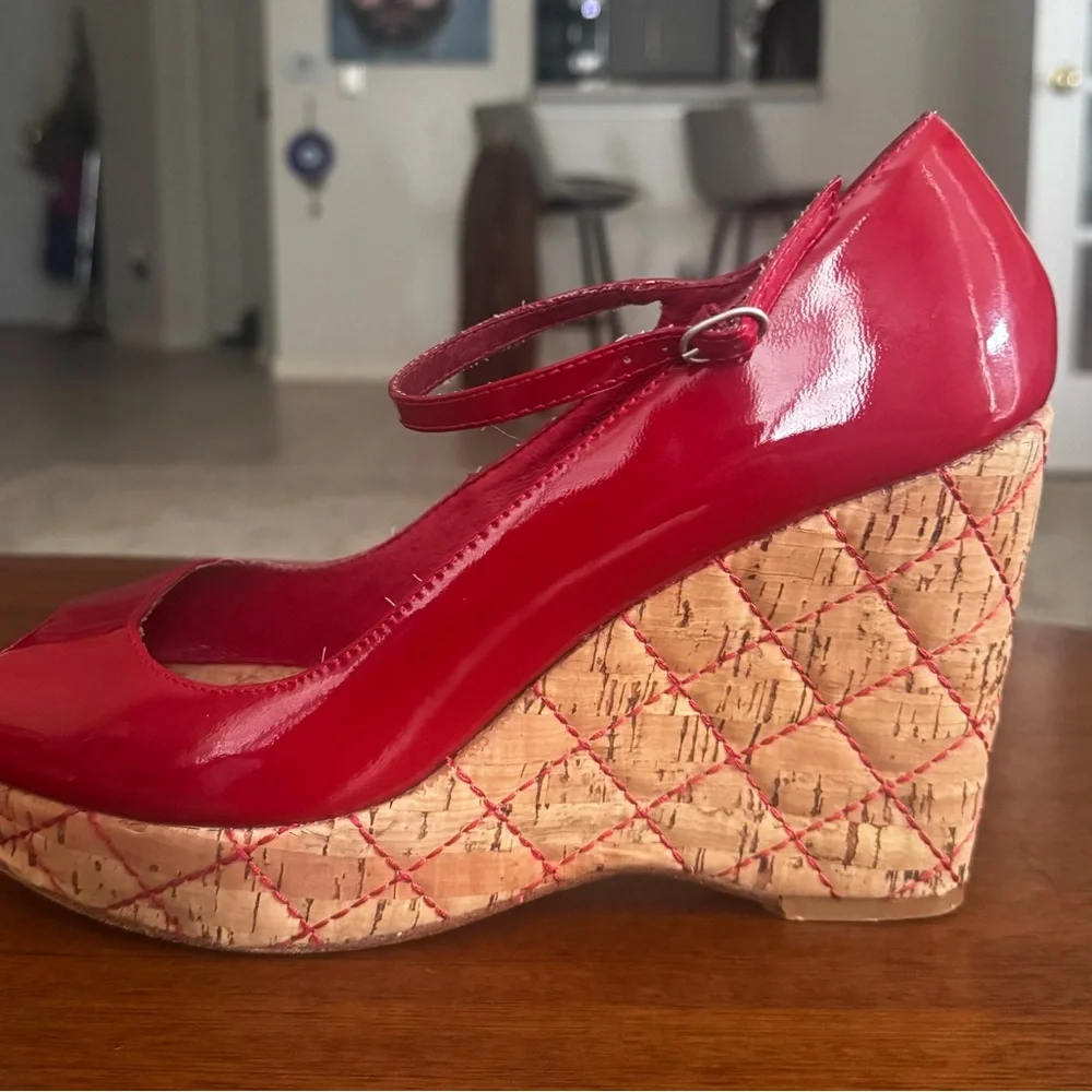 Ziginy Camille II Red Patent Leather Cork Wedge Mary Jane Peep Toe Sandals 9